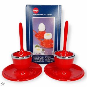 Vintage Emsa 2 Egg Cups & 2 Spoons Plastic Set Red Original Box West Germany